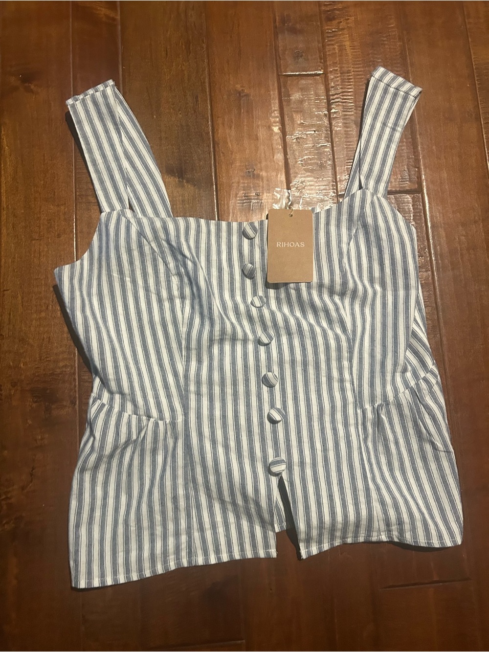 NWT Rihoas Blue and White Striped Button-Front Tank Top (sz L)